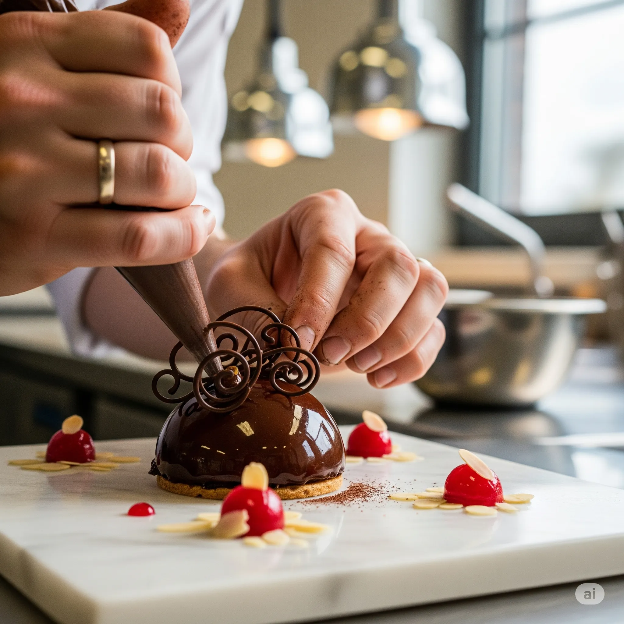 Photo des mains d'un pâtissier travaillant sur une pièce montée