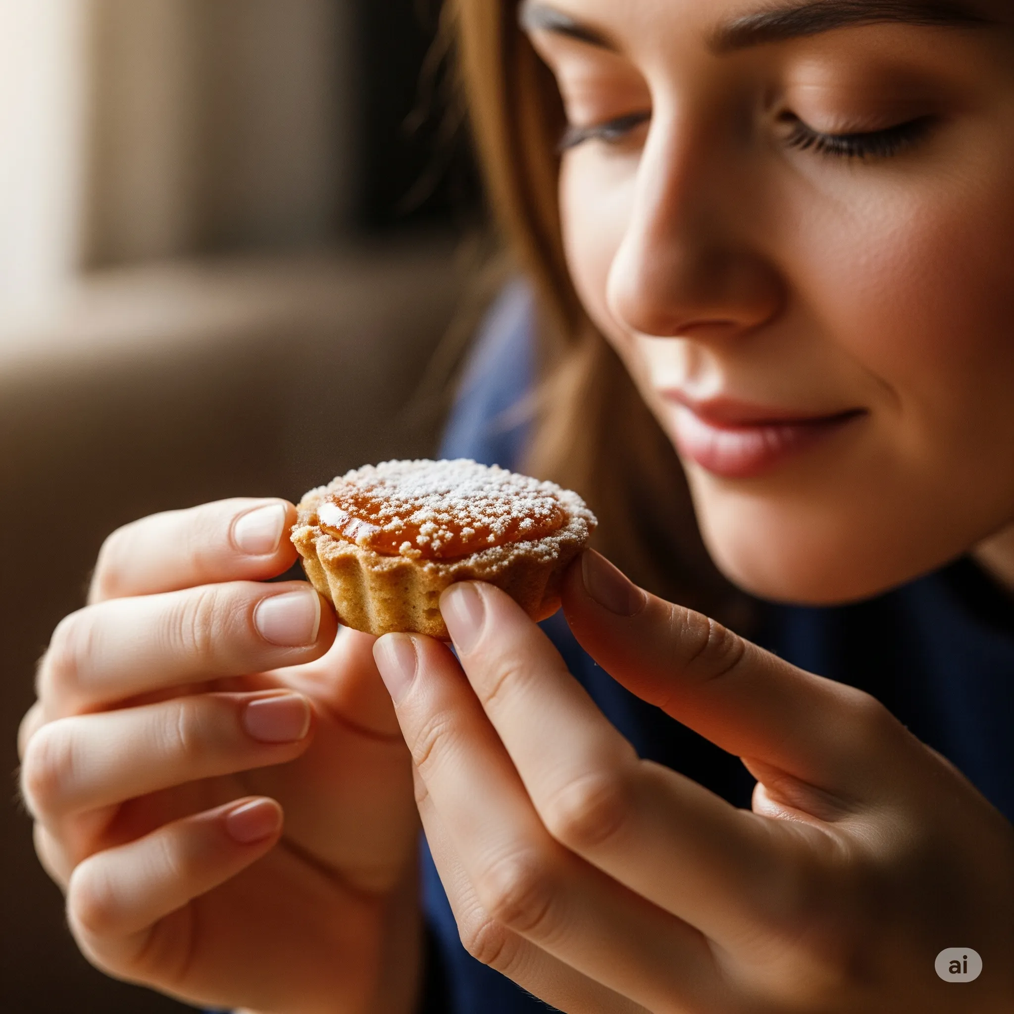 Photo d'une petite pâtisserie dégustée avec attention, en gros plan